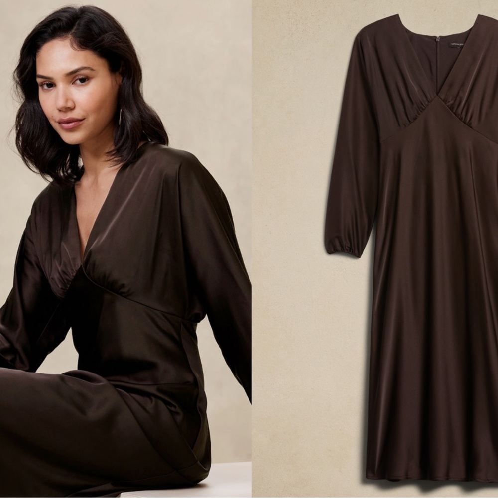 Banana Republic Brown Midi Dress with Plunging V-Neckline